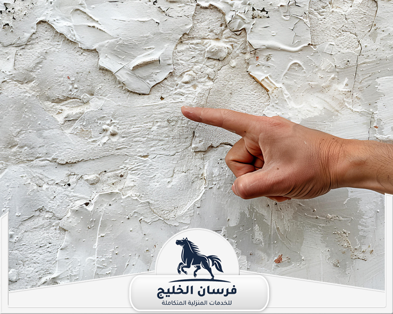 علاج الرطوبة في السقف في دبي - فرسان الخليج جدار متضرر يظهر عليه تقشر الدهان وتفتت الطبقة الخارجية.